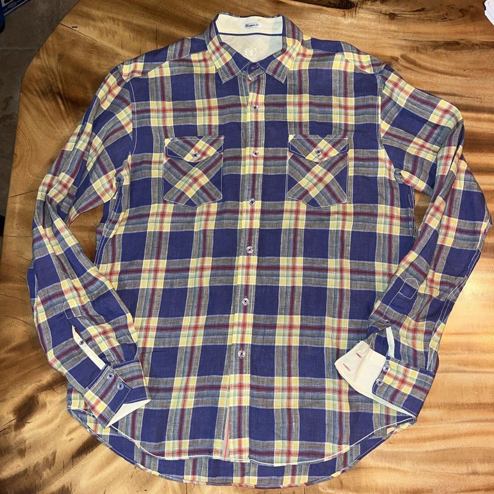 Bugatchi Uomo Shirt Mens XL Blue Plaid Linen Shaped Fit Long Sleeves Button Up